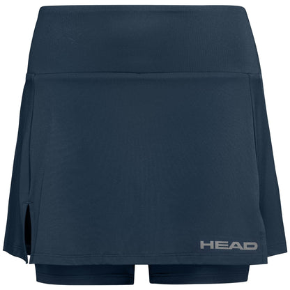 The HEAD Women's Club Basic Badminton Skort in navy is designed with a small slit on the side and features the "HEAD Sportswear" logo in white lettering near the hem. Made from moisture transfer microfibre, it ensures maximum comfort.