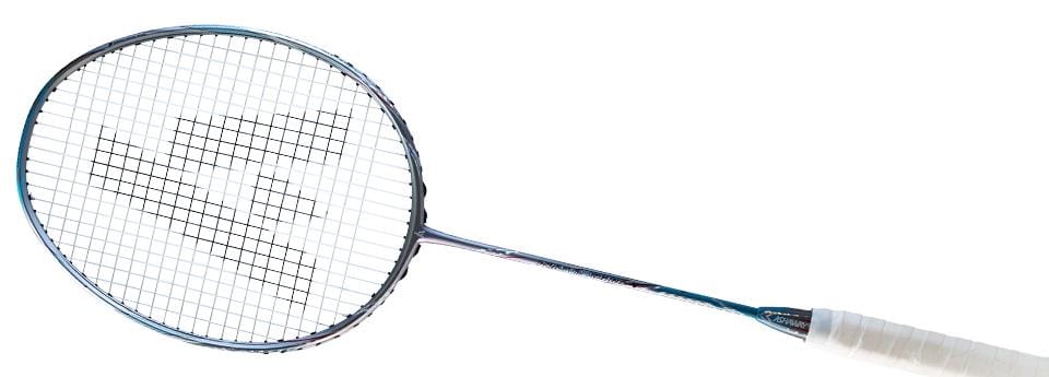 The Ashaway Phantom Shard 5 5U badminton racket features a white handle, blue frame, and patterned strings enhanced by Shardtech technology.