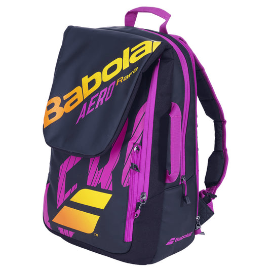 The stylish Babolat Pure Aero RAFA Backpack in black with pink and yellow accents features the word "Aero" prominently. It includes several compartments, one specifically for a racket, and has secure zippers as well as a convenient shoulder strap. The iconic Babolat logo stands out on the backpack.