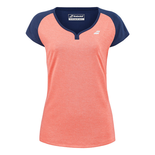 The Babolat Play Women's Cap Sleeve Badminton Top in Fluo Strike and Estate Blue is a short-sleeved sports shirt designed with a striking peach front and dark blue sleeves and shoulders. Crafted from Fiber Dry-polyester, it ensures freedom of movement. A small white logo is elegantly placed above its chic notched v-neck design.