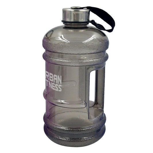 The Urban Fitness Quench 2.2L Water Bottle - Shadow is a spacious, transparent water container featuring a black screw-on cap and side handle. It showcases the "Urban Fitness" branding in white print, is BPA-free, and comes with a black carrying strap for convenient hydration wherever you go.