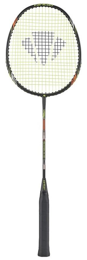 The Carlton Tru-Storm ASi 100 badminton racket boasts a sleek dark grey design and features an aluminium head for increased durability. Its textured grip is designed to enhance performance, and the Carlton brand logo is prominently displayed on the stringed area.