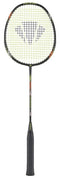 The Carlton Tru-Storm ASi 100 badminton racket boasts a sleek dark grey design and features an aluminium head for increased durability. Its textured grip is designed to enhance performance, and the Carlton brand logo is prominently displayed on the stringed area.