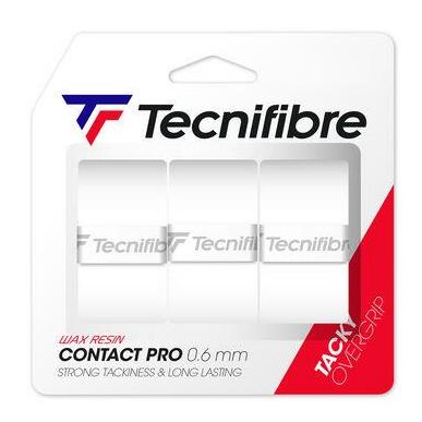 The image shows a package of Tecnifibre Contact Pro Badminton Overgrip - 3 Pack in white, highlighting its improved tacky effect. The package contains three overgrip rolls, with text that emphasizes "strong tackiness & long-lasting" for optimal grip performance.