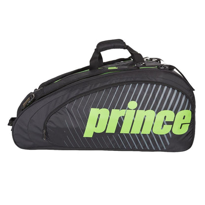 The Prince Tour Challenger 9 Racket Bag in black is designed with a distinctive feature of diagonal gray stripes and prominently showcases the "Prince" logo in large green letters. It features a convenient carry handle on top, includes adjustable shoulder straps for easy transport, and has thermal protective lining to ensure your gear stays secure.