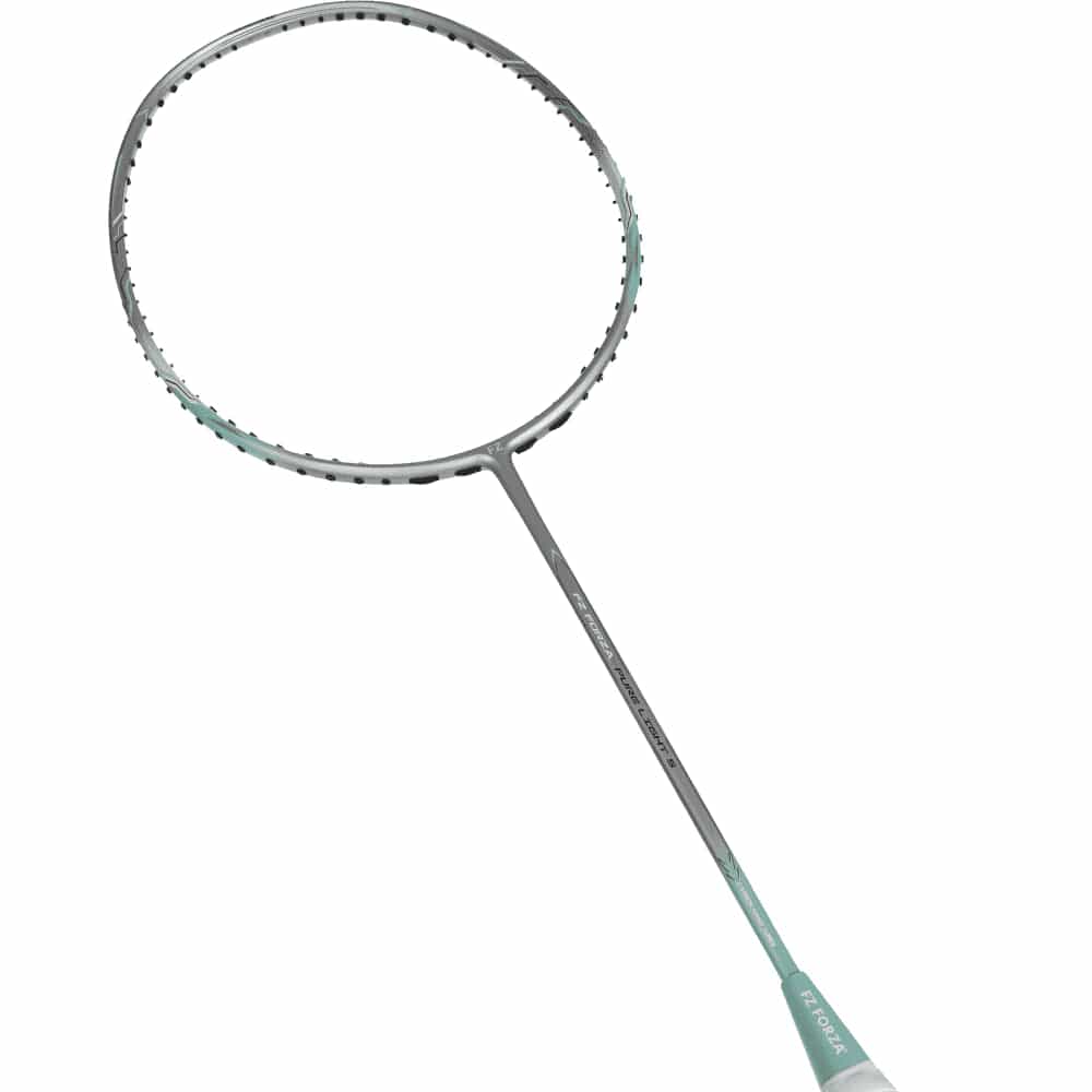 The FZ Forza Pure Light 5 badminton racket, designed by FZ Forza, is crafted from ultra-high modulus graphite and boasts a sleek silver thin frame and strings against a white background.