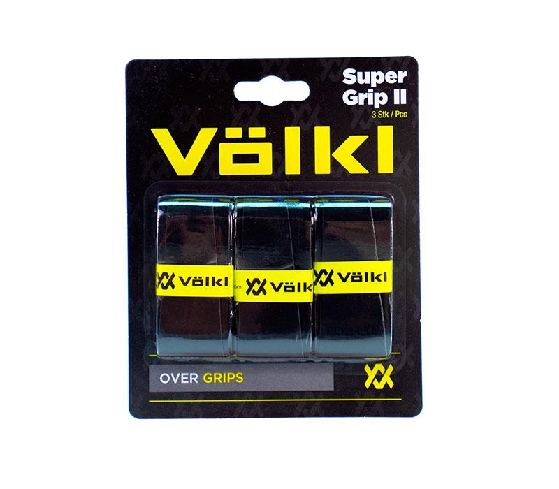 The packaging of the Volkl Super Grip II Badminton Overgrip - 3 Pack - Black displays three ultra-thin, dark-colored overgrips with yellow bands featuring the Volkl logo. The black package is adorned with highly visible yellow branding at the top and bottom, suggesting their distinct tacky feel.