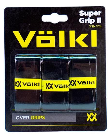 The packaging of the Volkl Super Grip II Badminton Overgrip - 3 Pack - Black highlights three black grips featuring the brand's yellow logo, offering an ultra-thin and tacky texture. The package states it includes three pieces (3 Stk / Pcs).