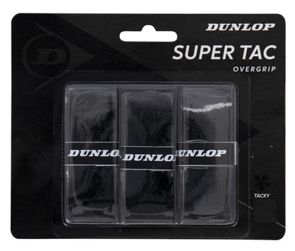 The packaging of the Dunlop Super Tac Badminton Overgrip - 3 Pack - Black features three individually wrapped overgrips showcased in a stylish black blister pack. Known for its tacky feel, each grip offers superior sweat absorption, with the package prominently displaying the Dunlop brand name and product type.