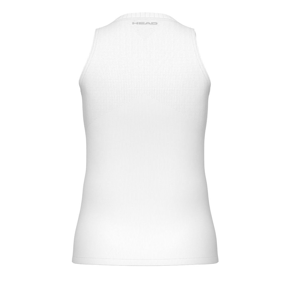 The image displays the back view of the HEAD Performance Women's Badminton Tank Top in white, featuring a high neckline. It is made from breathable, mesh-like fabric with moisture transfer microfiber technology. A small HEAD logo is visible near the top of the back.