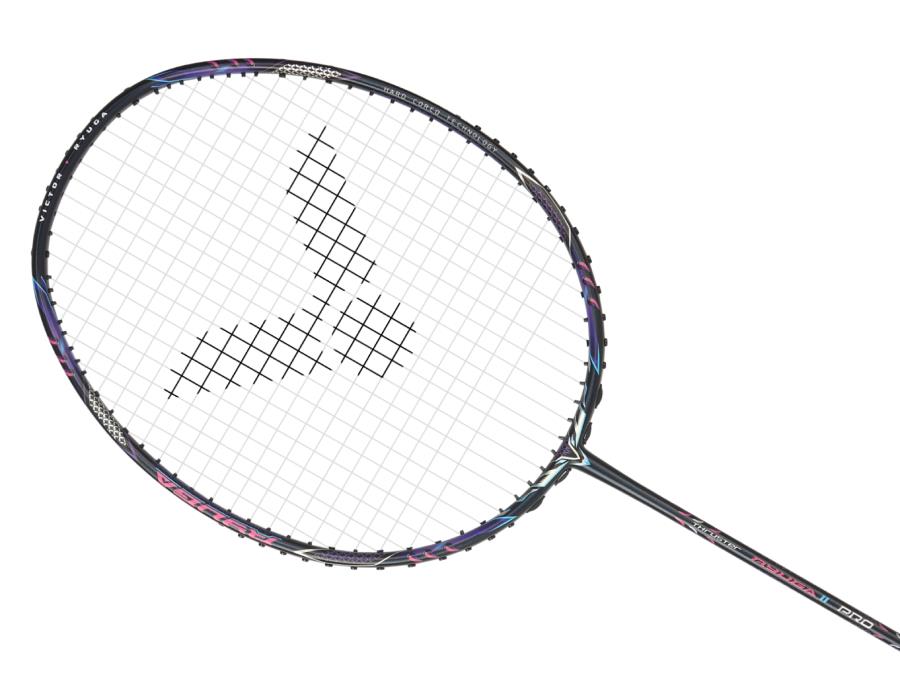 The Victor Thruster Ryuga II Pro 3U Badminton Racket in Mazarine Blue features a sleek black frame with blue and purple accents and incorporates HARD CORED TECHNOLOGY. Its strings form a logo pattern at the center, highlighting the Precision and strength of the Power Ring Pro design.