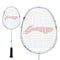 Explore two beginner-friendly badminton rackets from Li-Ning: a close-up of the Li-Ning Axforce Kids Badminton Racket in Pearl White, showcasing its lightweight frame adorned with colorful patterns and a red string design. In the background, another racket displays similar features, making them ideal for kids eager to dive into the game.