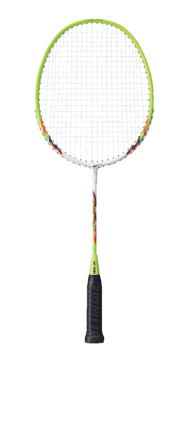 The Yonex Muscle Power 2 Junior Badminton Racket showcases a stylish white and yellow design, featuring a green frame with black handle and vibrant details near the head and handle. Its isometric head shape enhances accuracy, while the white strings provide a sleek contrast. Displayed upright against a white background, this racket from Yonex stands out beautifully.