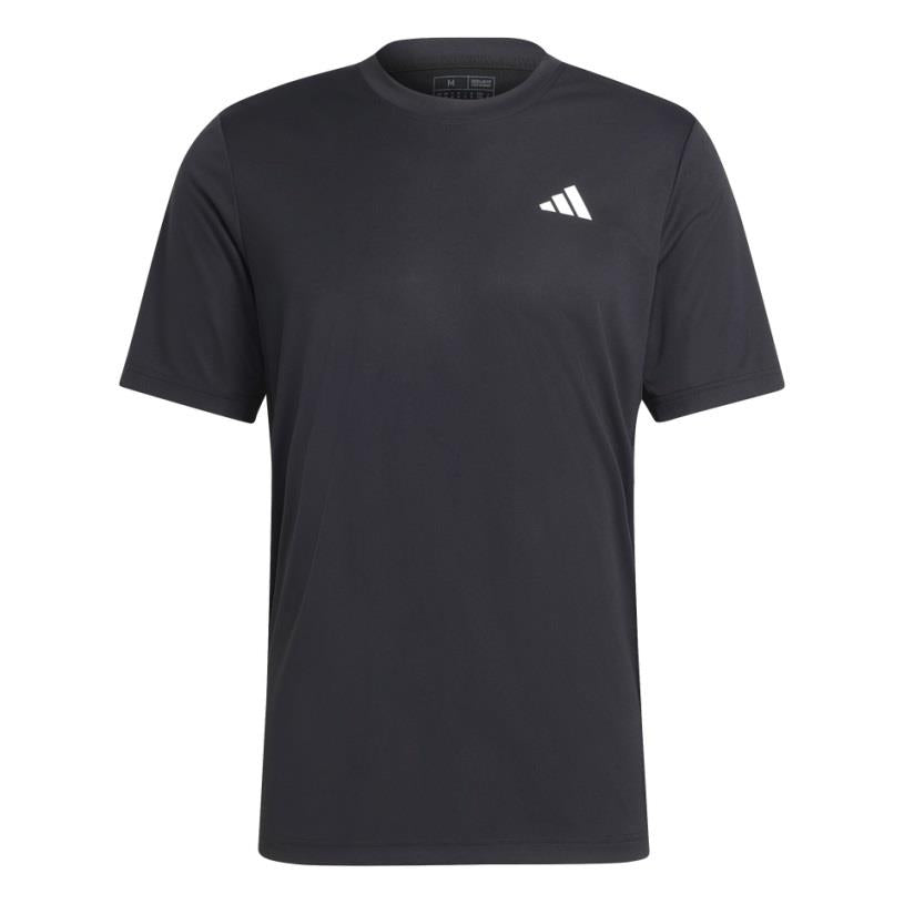 The ADIDAS Mens Club Badminton T-Shirt - Black by adidas is a plain black short-sleeve shirt featuring a small white logo on the upper left chest area. Its round neckline and classic design, combined with AEROREADY fabric, provide comfort and style for an active day on the court.