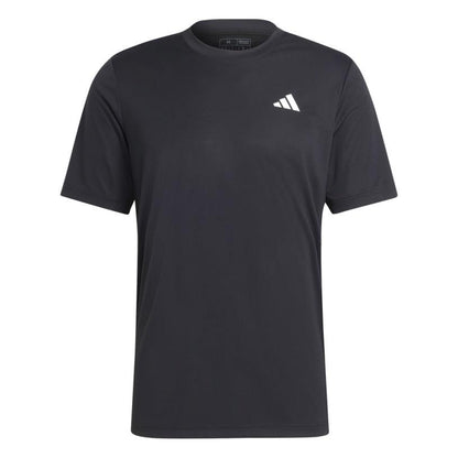 The ADIDAS Mens Club Badminton T-Shirt - Black by adidas is a plain black short-sleeve shirt featuring a small white logo on the upper left chest area. Its round neckline and classic design, combined with AEROREADY fabric, provide comfort and style for an active day on the court.