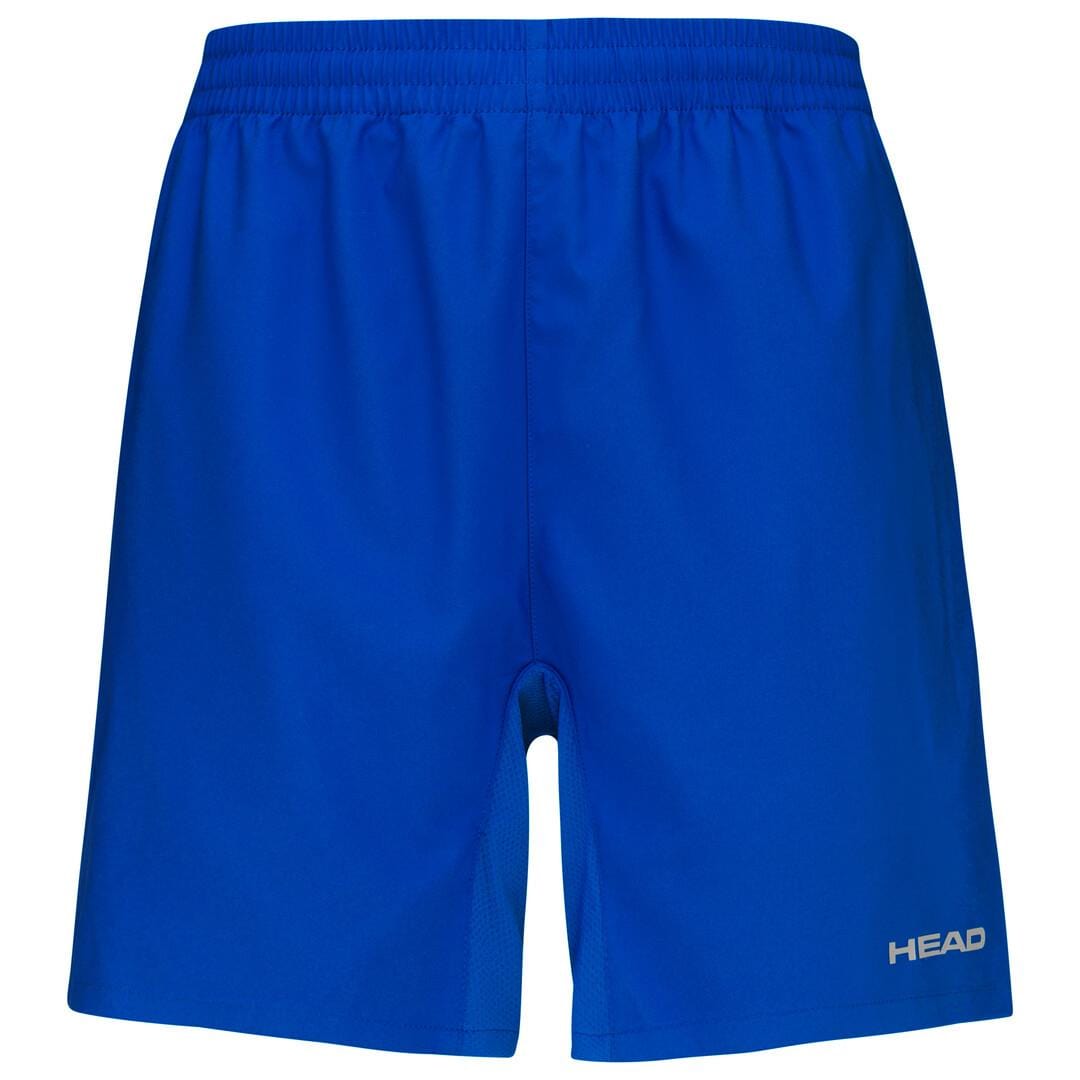 HEAD Club Men's Badminton Shorts in Royal Blue feature an elastic waistband and display the "HEAD" logo in white on the lower right leg. Made with advanced MXM Technology, these shorts utilize efficient moisture transfer microfiber fabric to ensure comfort. They are showcased against a plain white background.