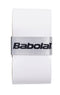 The Babolat Pro Tour 2.0 Comfort Badminton Overgrip Single in white is expertly designed for advanced players, showcasing a sleek silver band adorned with the "Babolat" logo in black. This grip comes neatly coiled and is ready for easy application to either a tennis racket handle or as an overgrip for badminton rackets.