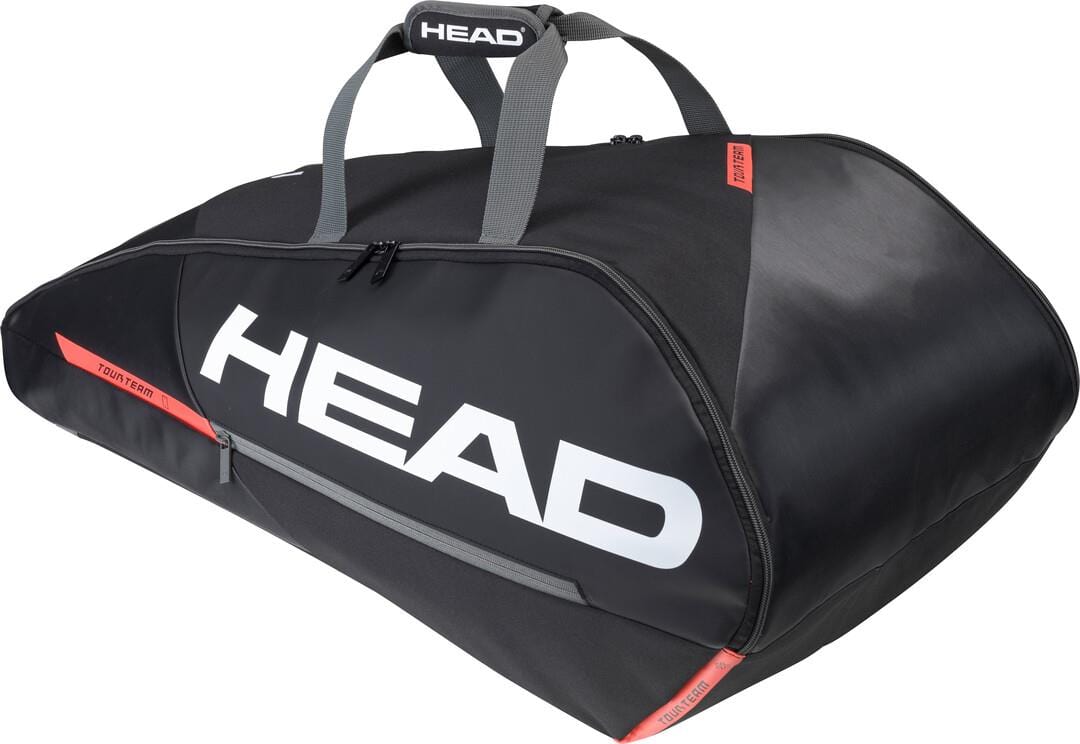 A black and orange HEAD Tour Team 9R Supercombi badminton bag prominently showcasing the brand name on its side. It includes a zippered compartment, sturdy handles, and climate control technology for efficiently carrying badminton rackets and gear.