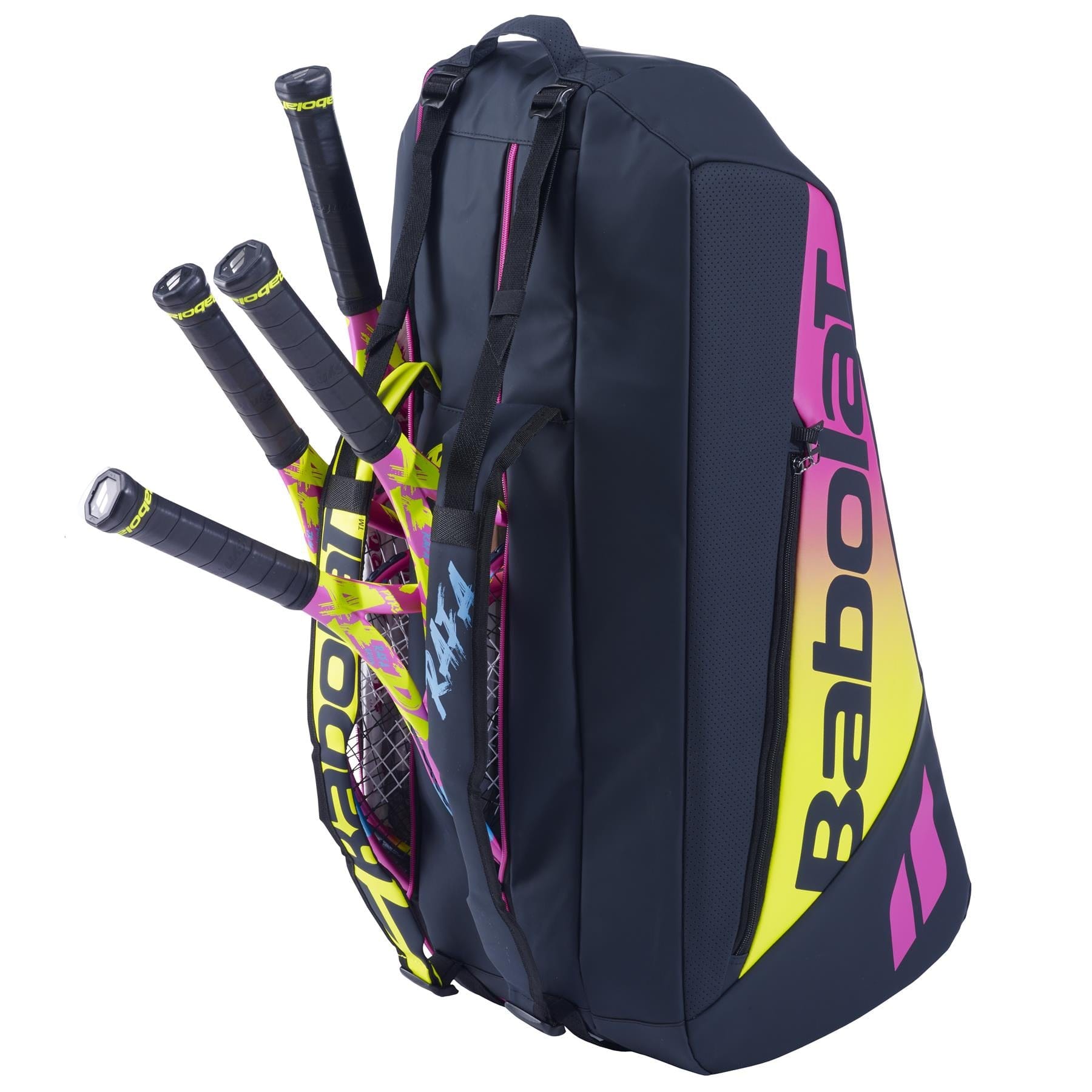 A sizable blue, yellow, and pink Babolat RH6 Pure Aero Rafa II Badminton Bag with multiple compartments is designed to store badminton rackets and other equipment. It stands upright, visibly accommodating four badminton rackets, making it ideal for keeping your gear well-organized and protected.