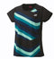 Explore the Yonex 16694EX Women's Badminton T-Shirt in black, a sporty short-sleeve top with diagonal stripes in blue and teal hues. Designed by Yonex for superior comfort, it features quick-drying fabric and prominently displays the logo on the upper left chest.