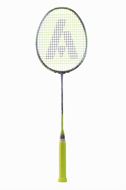 The Ashaway Phantom Shard 4 4U Badminton Racket features a neon green grip and Zymax 68TX strings, intricately woven with a gray design. The metallic frame is highlighted by yellow and gray accents, contrasting against a plain white background.