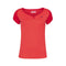 The Babolat Play Women's Cap Sleeve Badminton Top in Tomato Red is a short-sleeve athletic shirt with a v-neck design, featuring contrasting lighter red shoulder panels and a small logo on the left chest. Made from Fiber Dry-polyester, its breathable fabric ensures comfort during intense workouts.