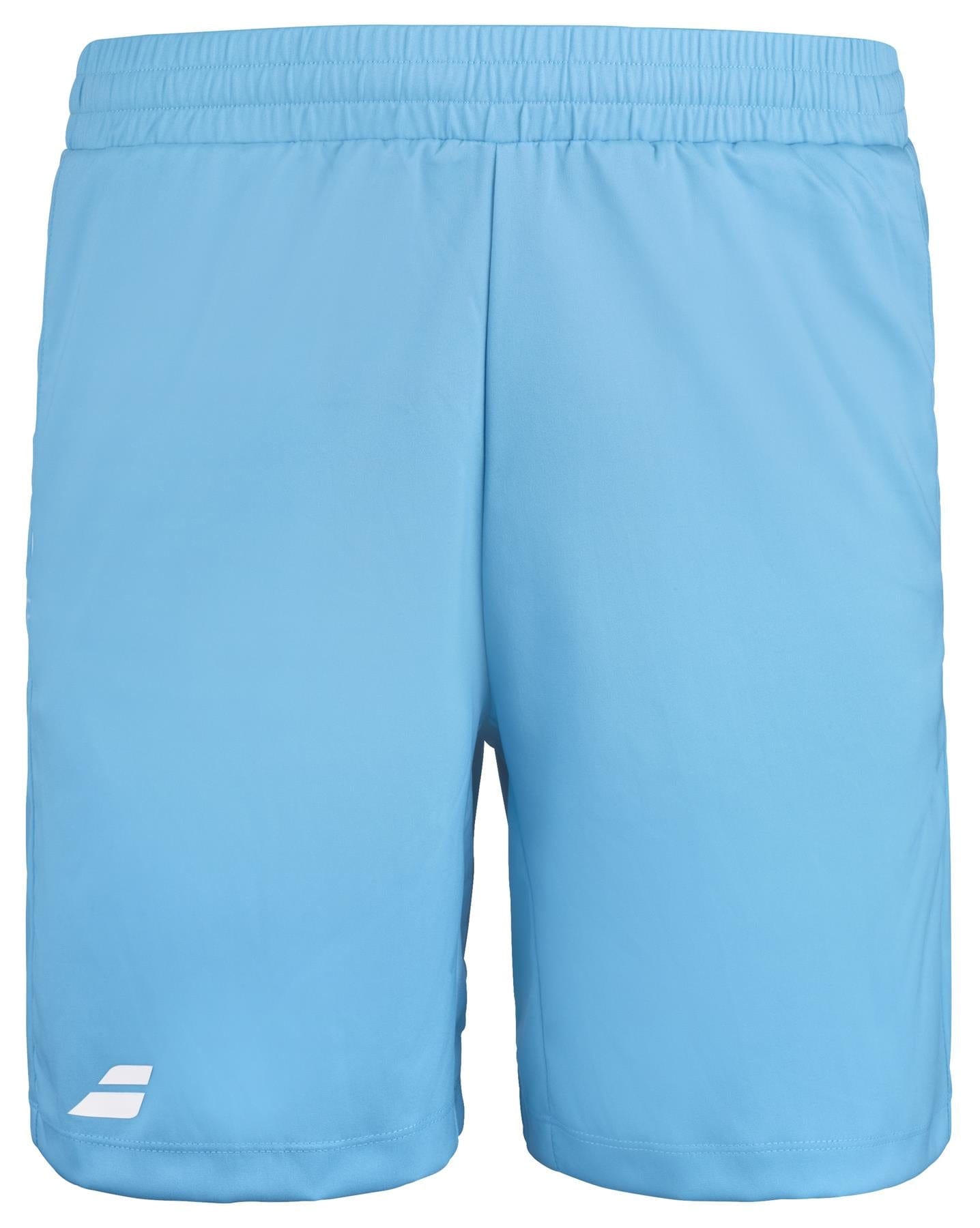 The Babolat Play Men's Badminton Shorts in Cyan Blue are made from recycled polyester fabric, featuring an elastic waistband and a small white logo on the lower left side. Designed by Babolat for comfort and simplicity, these shorts offer 360 Motion flexibility ideal for any activity.