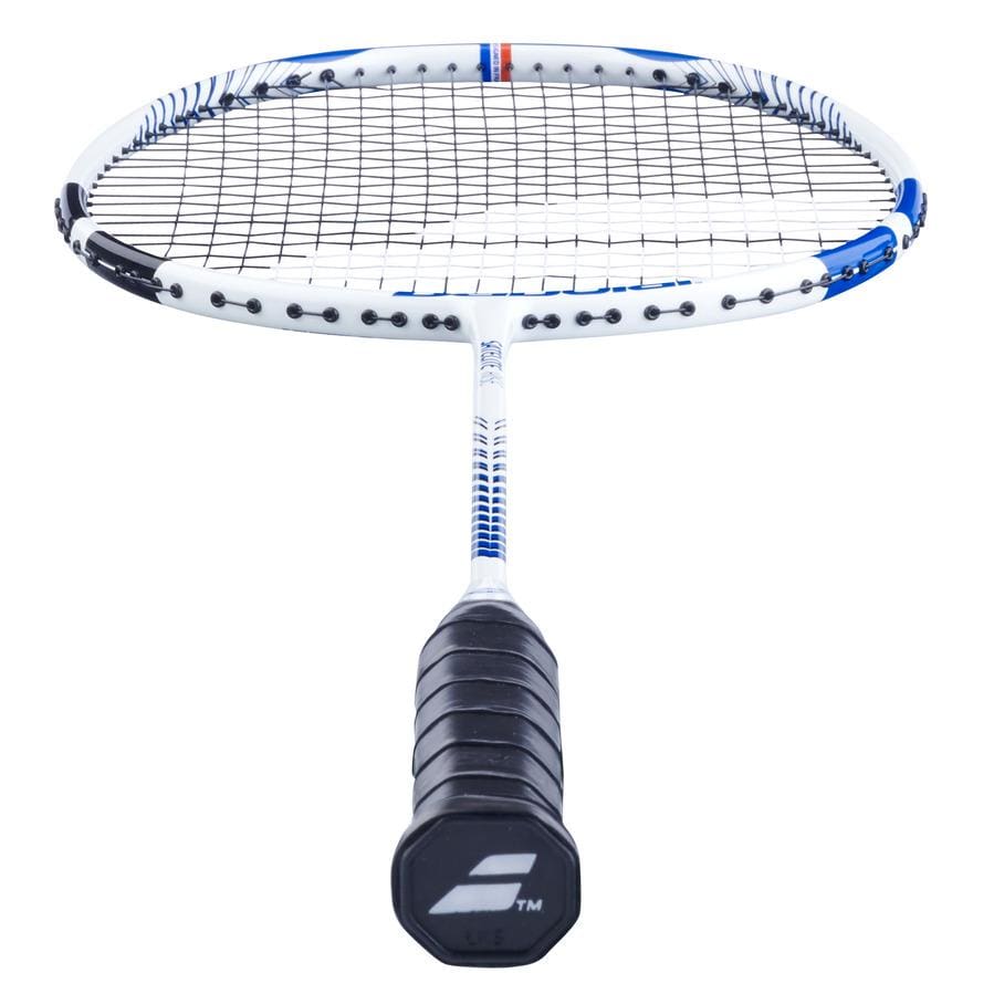 Close-up view of the Babolat Satelite Rise Badminton Racket in white and blue, featuring a black grip and strings. The Babolat logo is prominently displayed on the butt of the handle. It boasts a head light design and Shot Optimizer technology, with strings creating a grid pattern in its sleek, modern design.