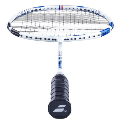 Close-up view of the Babolat Satelite Rise Badminton Racket in white and blue, featuring a black grip and strings. The Babolat logo is prominently displayed on the butt of the handle. It boasts a head light design and Shot Optimizer technology, with strings creating a grid pattern in its sleek, modern design.