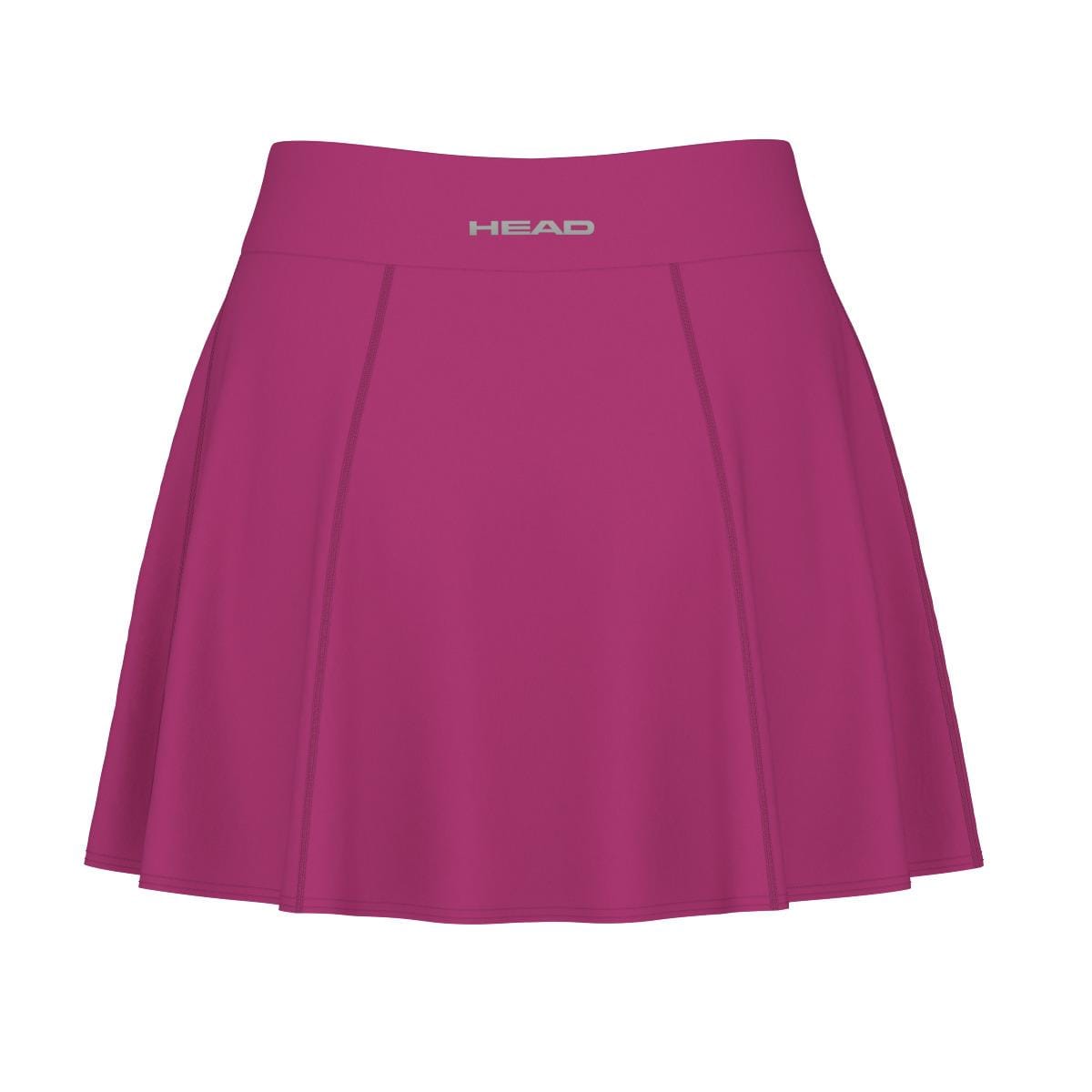 A vivid pink HEAD Performance women's badminton skort with a wide waistband featuring the brand name "HEAD" in silver at the center. The skort includes subtle vertical stitching to enhance its flared design and is equipped with moisture transfer technology for optimal performance.