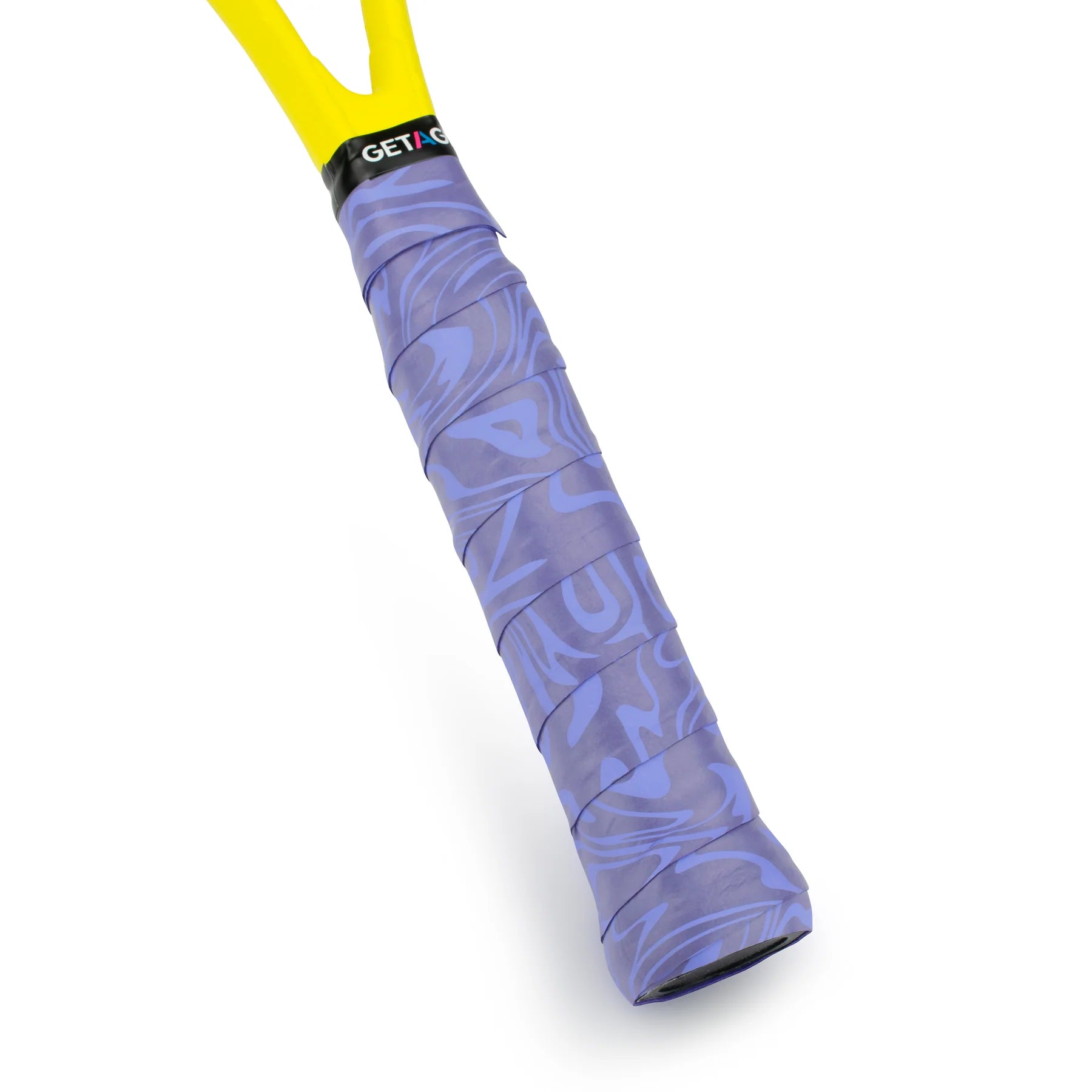 Close-up of a badminton racket handle wrapped in the Get A Grip Purple Haze Badminton Overgrip. The overgrip features a black band with the text "Get A Grip" visible at the top. The vibrant yellow racket frame complements the striking purple camouflage design.