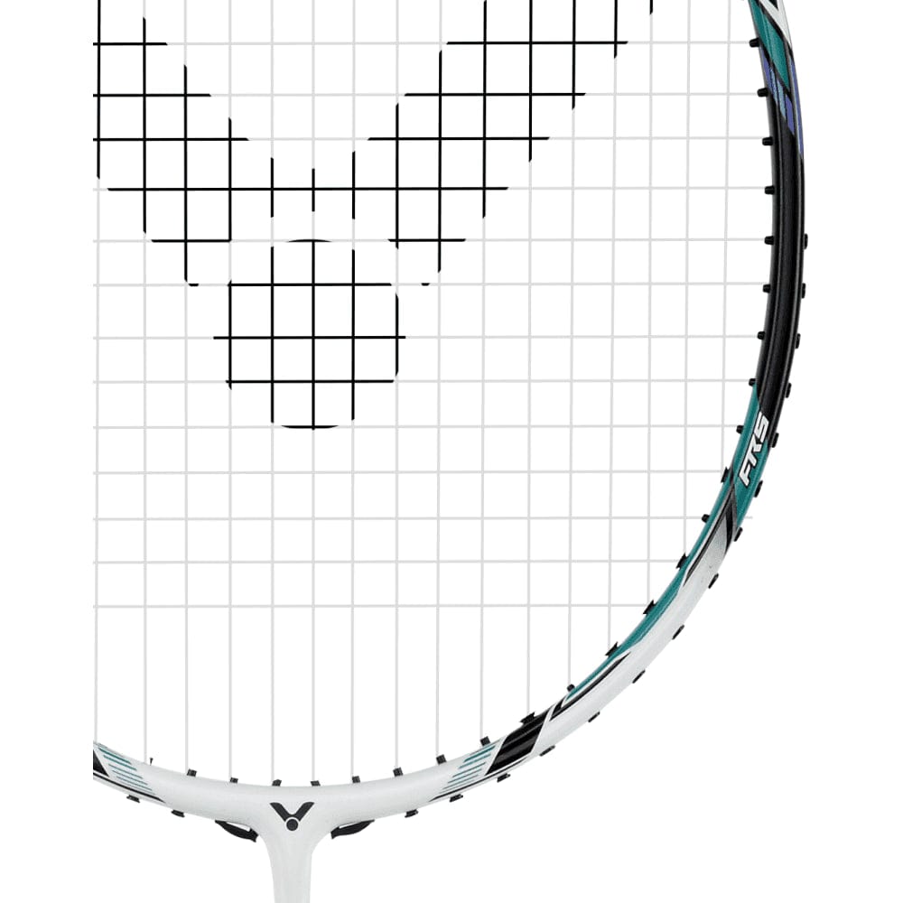 Close-up of the Victor Thruster 220H II Badminton Racket - White Smoke head, highlighting the white strings arranged in a grid pattern and a stylish Powerbox frame. The contemporary design is accentuated with green and black details on a mainly white background, adding to its visual allure.