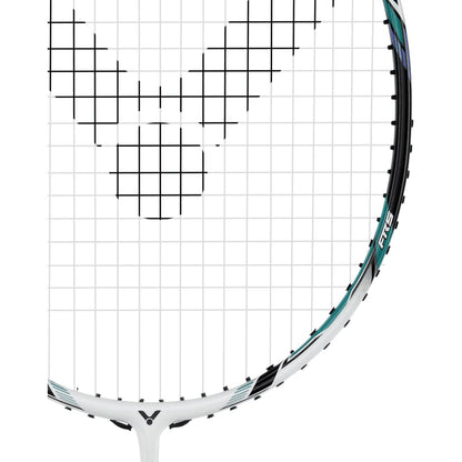 Close-up of the Victor Thruster 220H II Badminton Racket - White Smoke head, highlighting the white strings arranged in a grid pattern and a stylish Powerbox frame. The contemporary design is accentuated with green and black details on a mainly white background, adding to its visual allure.