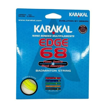 The Karakal Edge 68 Badminton String is available in a lime package, featuring nano-bonded multifilaments. The packaging specifies details such as length (10m), gauge (0.68mm), and color options, designed for enhanced power, control, and shock absorption through advanced Nano Technology.