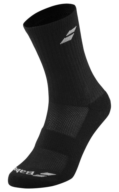 The Babolat Long 3 Pack Badminton Socks in black boast a ribbed texture and a discreet logo near the top. They are designed with ventilated zones for breathability, with cushioned foot and ankle areas ensuring unmatched comfort and support. These socks are set against a white background, making them ideal for any sports enthusiast.