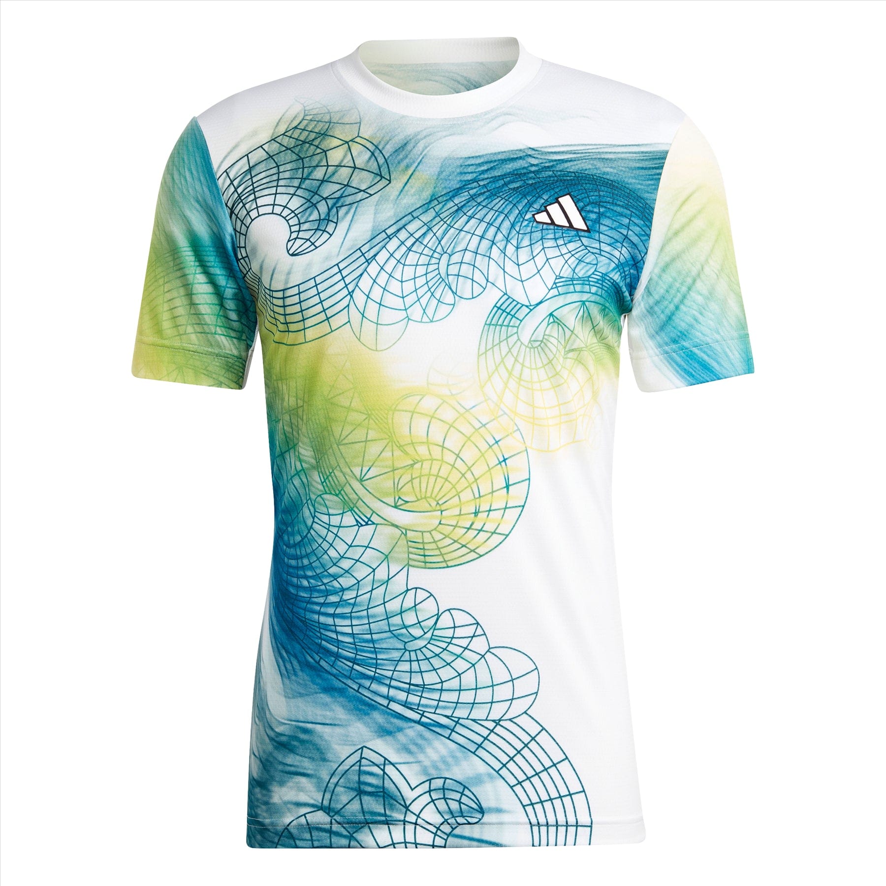 The adidas Men's Printed Aeroready Freelift Pro Badminton T-Shirt in white features a complex blue and green wave pattern with lines forming circular grids. It is enhanced with HEAT.RDY technology, featuring a small geometric logo on the neckline, making it perfect for staying cool during intense action.