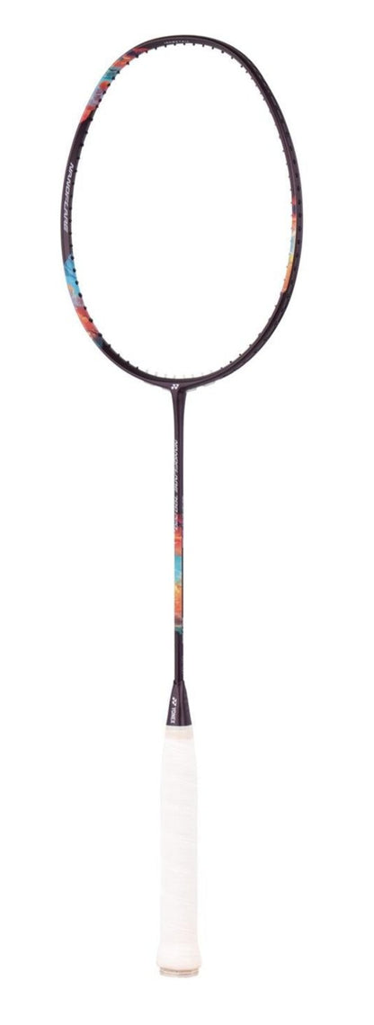 The Yonex Nanoflare 700 Pro 5U Badminton Racket - Midnight Purple is a sleek and stylish choice for advanced players. It features a dynamic midnight purple frame with vibrant accents on the head and shaft. The handle has a contrasting white grip against the dark design, creating a modern aesthetic ideal for professional play.