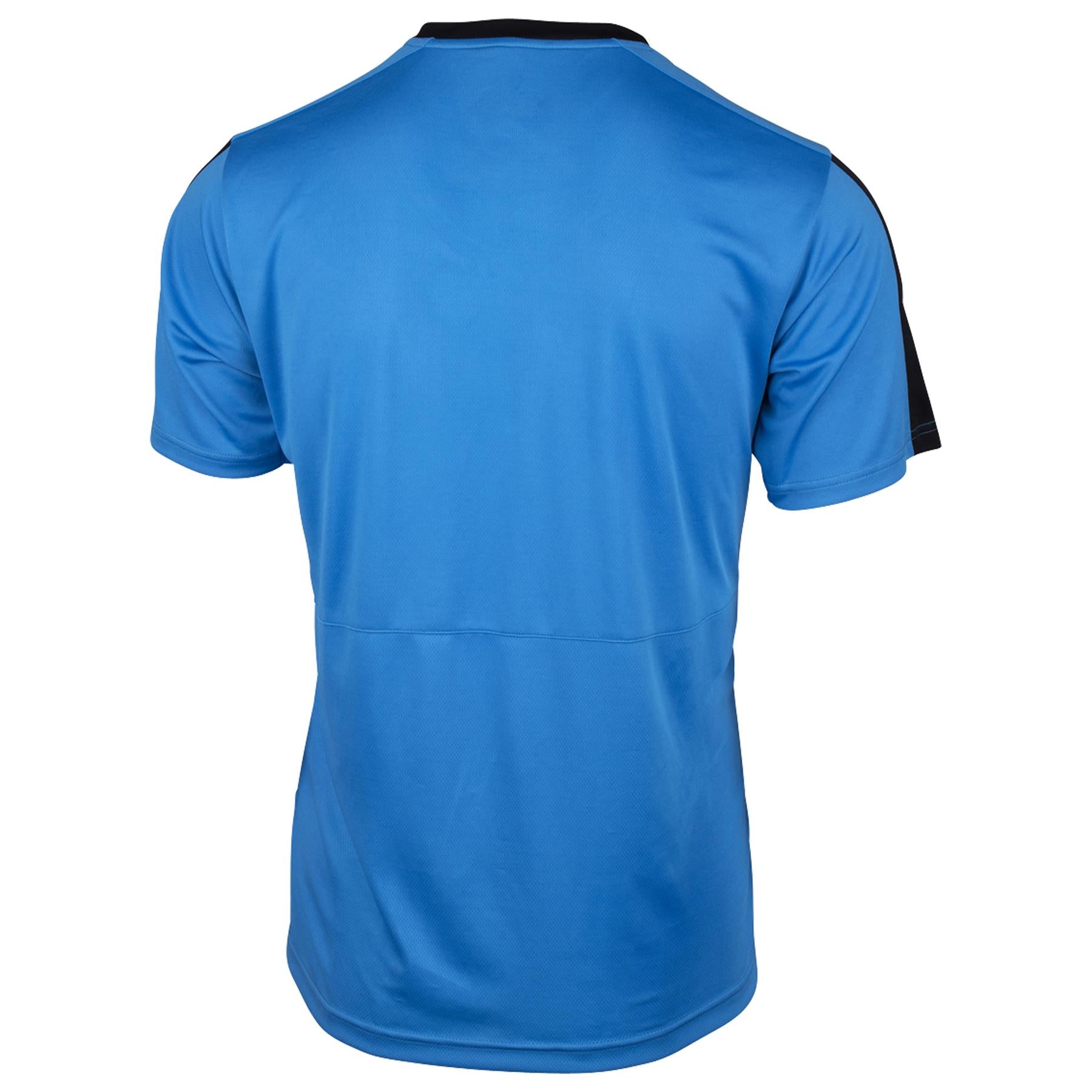 The Yonex YTM3 Men's Badminton T-Shirt in navy showcases a rear perspective with black sleeves and accents, designed to provide unrestricted movement. Crafted from breathable fabric, this shirt offers comfort without any visible logos or patterns.