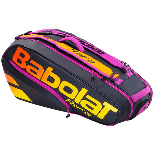 Introducing the Babolat RH6 Pure Aero RAFA 6 Racket Bag by Babolat, featuring a striking design with bold yellow and orange lettering set against a black and purple background. This tennis bag offers multiple compartments for your gear, including an insulated section for your essentials.