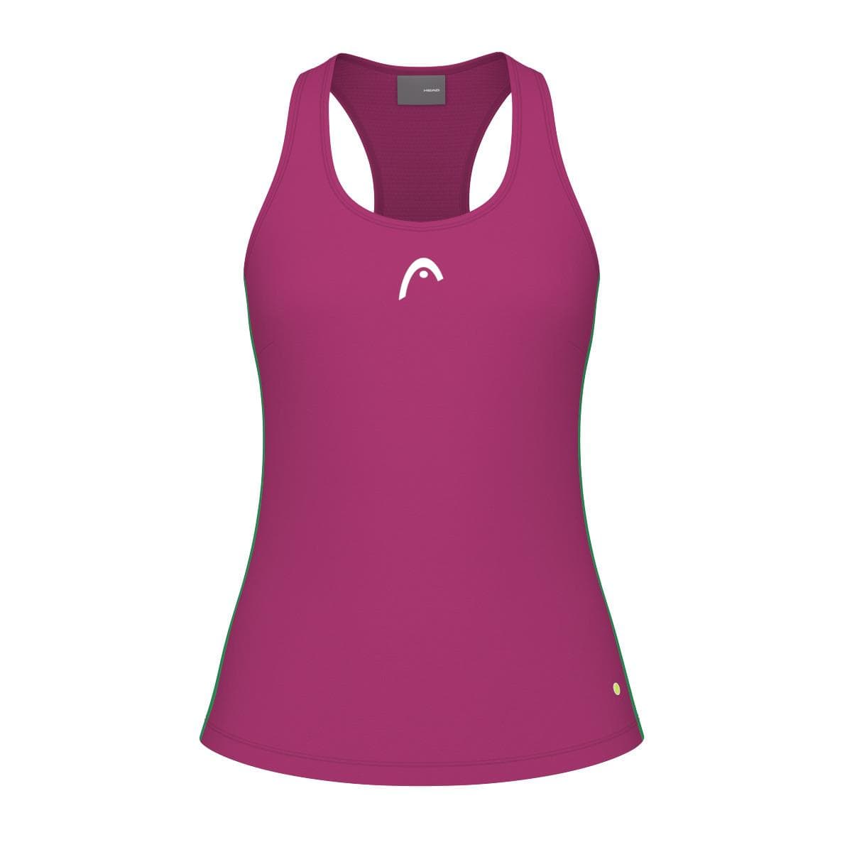 Introducing the HEAD Spirit Women's Badminton Tank Top in Vivid Pink. This sleeveless tank top boasts a racerback design and sports a small white logo on the chest. Crafted from moisture transfer microfibre fabric, it offers comfort and performance with its smooth finish.