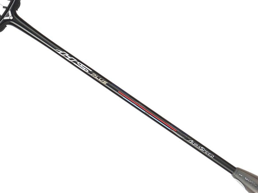 Close-up of the Victor Auraspeed HS Plus 4U Badminton Racket's shaft in black, adorned with red and white stripes, and featuring the "Plus" and "Aura Steep" labels. The racket is equipped with a state-of-the-art anti-torsion system, while its head is partially visible at the bottom.