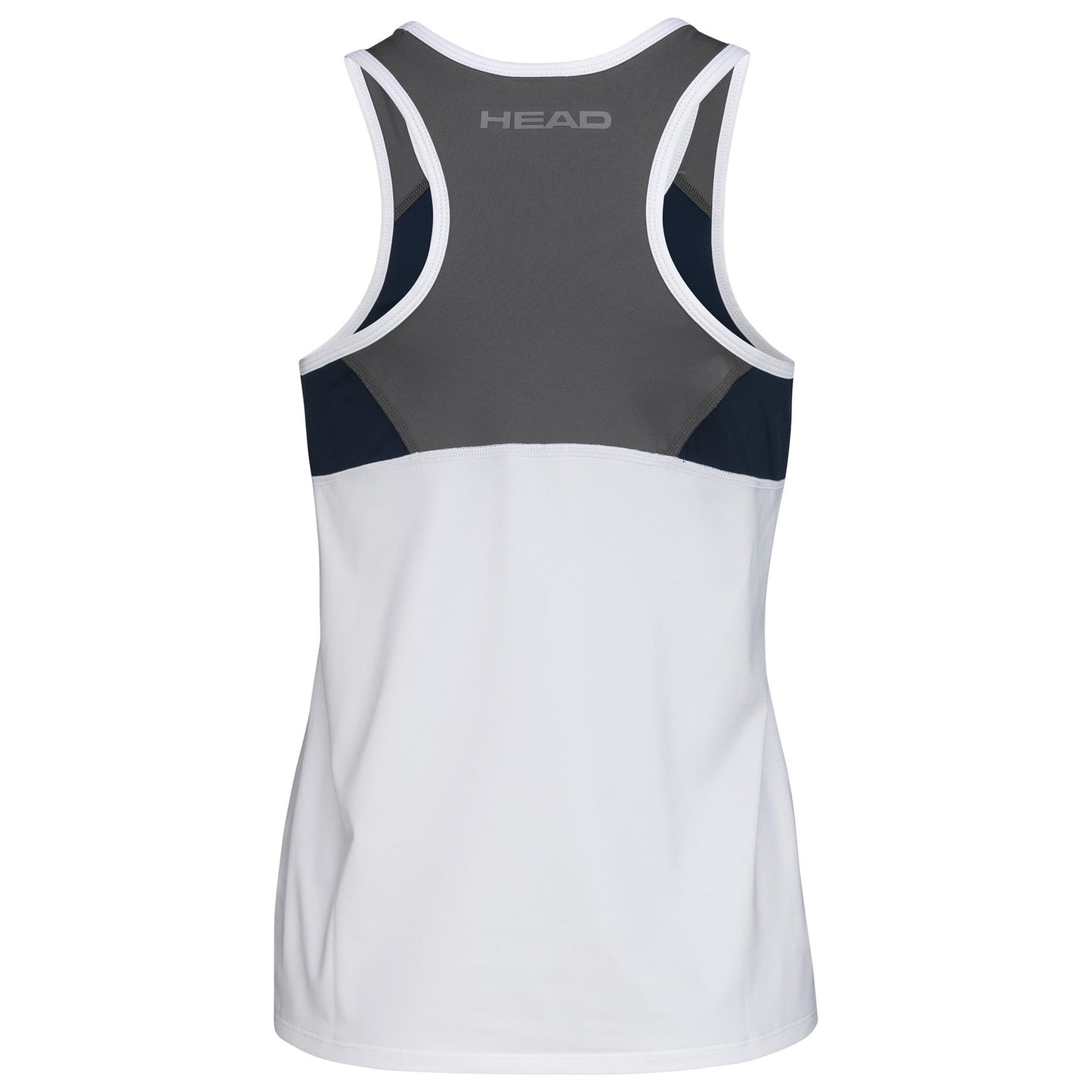 This sleeveless athletic tank top, ideal for badminton, showcases a racerback design and is made with moisture transfer microfibre. It comes in white fabric with dark blue accents, featuring the "HEAD" logo prominently on the upper back. The product name is HEAD Womens Club 22 Badminton Tank Top - White / Dark Blue from the brand HEAD.