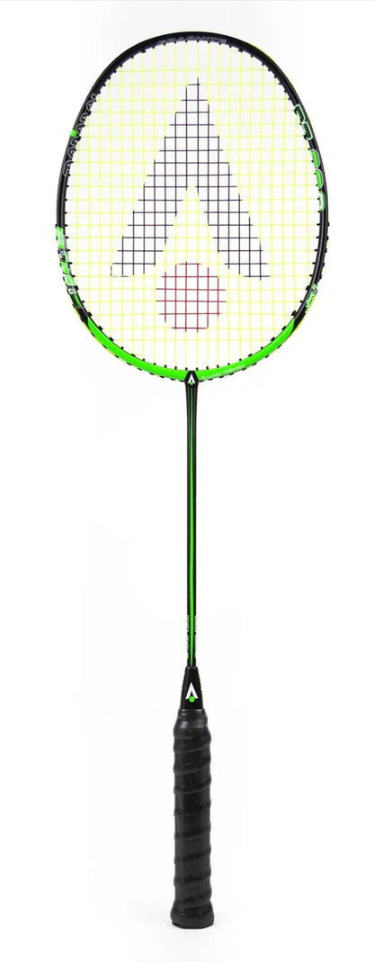 The Karakal BZ 20 2.1 Badminton Racket by Karakal boasts a black PU super grip and an eye-catching green and black shaft. Its isometric head sports a triangle-like design with a center dot, achieved through the strings, while both the frame and strings are beautifully accented in vibrant green.