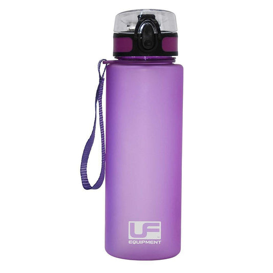 The Urban Fitness Flow Flip Lid 700ml Water Bottle in Orchid is made from food-grade plastic and includes a clear flip-top lid with a black push button. It comes with a matching purple strap and prominently features the "UF Equipment" logo in white near the base.