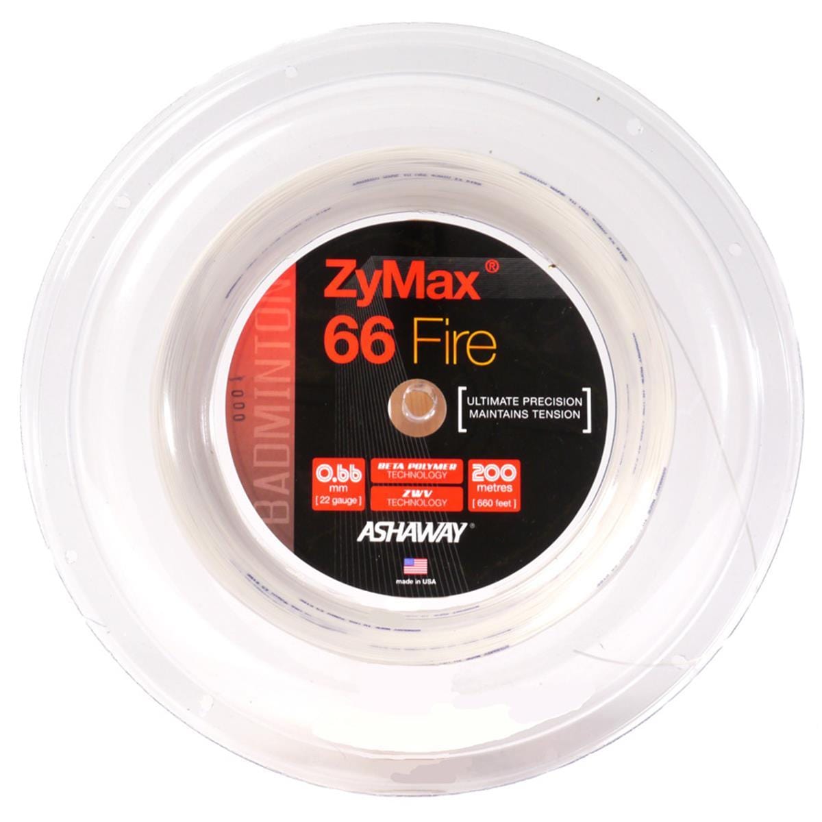 Close-up of a spool of Ashaway Zymax 66 Fire Badminton String. The black and red center label emphasizes "Ultimate Precision" and superior tension stability. This clear spool reveals the micro gauge white string inside, crafted for players who demand unparalleled performance on the court.