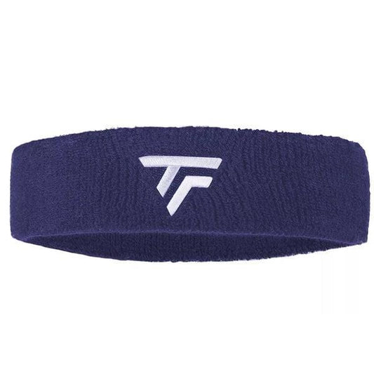 The Tecnifibre Headband - Navy is designed to manage perspiration and features a white embroidered logo centrally placed against a simple white background.