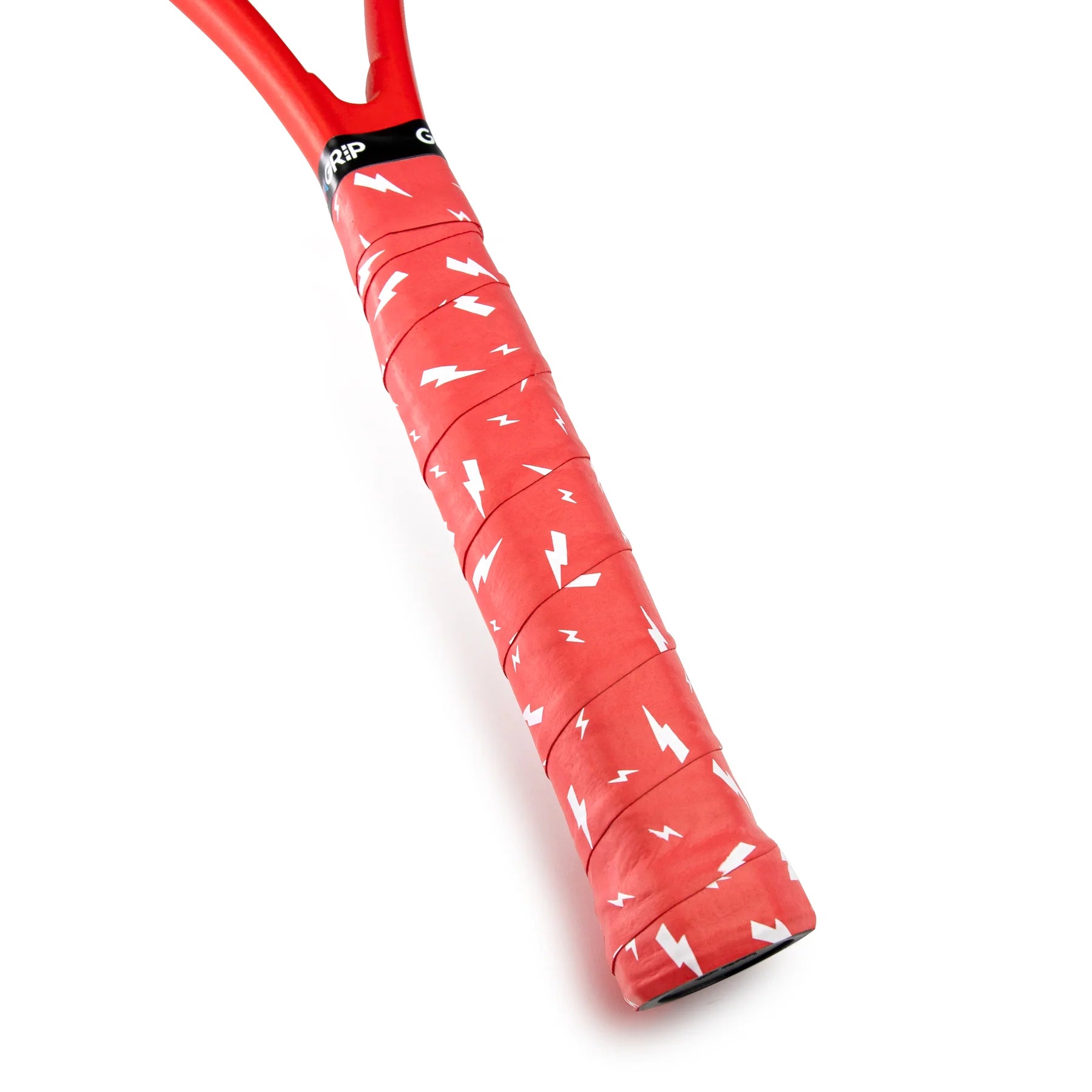 Close-up of the Get A Grip Charged Up Badminton Overgrip in red, wrapped around a racquet handle and featuring a distinctive pattern of white lightning bolts.