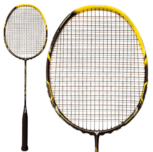 The image displays the Victor Ultramate 9 Badminton Racket in black and yellow, featuring a high-carbon frame. It includes a close-up of the racket's oval head and a full view that emphasizes its handle and design details.