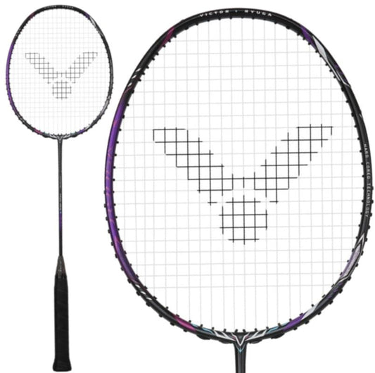 Image of the Victor Thruster Ryuga II Pro 4U Badminton Racket with a black handle and purple accents, featuring HARD CORED TECHNOLOGY. The strings have a logo in the center. A close-up of the racket head is shown beside a full view.