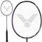 Image of the Victor Thruster Ryuga II Pro 4U Badminton Racket with a black handle and purple accents, featuring HARD CORED TECHNOLOGY. The strings have a logo in the center. A close-up of the racket head is shown beside a full view.